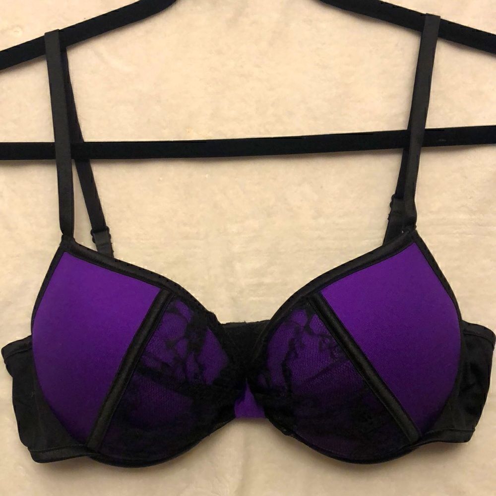 Coquette black lace purple satin push up underwire bra size L